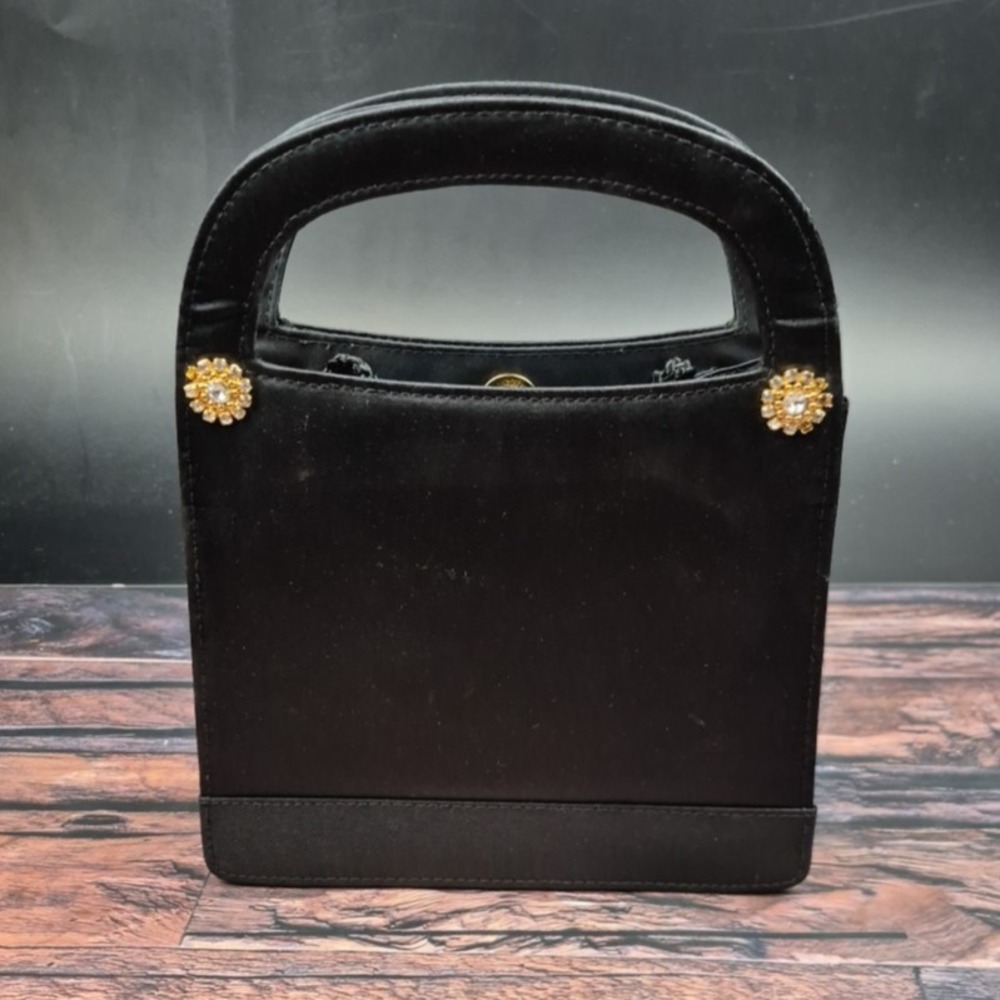 Black Satin Evening Bag Gold Bling Rope Strap Foldable Purse Wedding Prom Travel